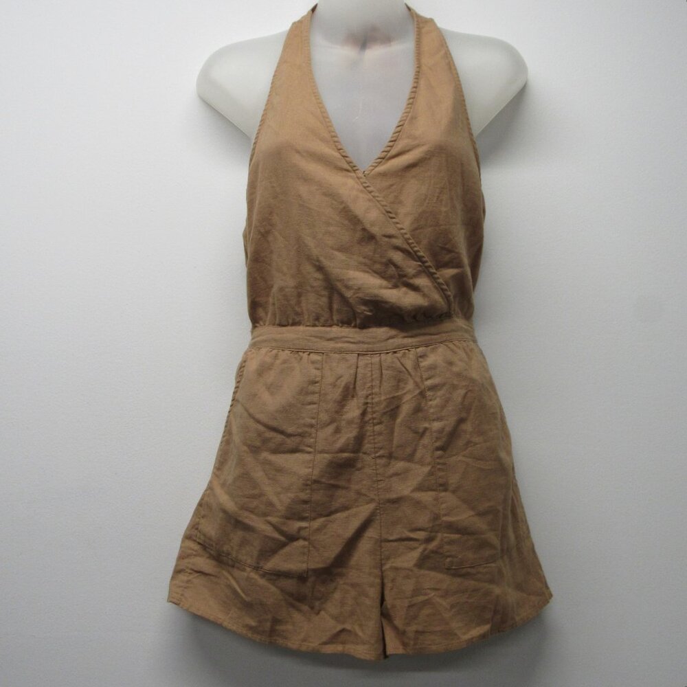 NWT American Eagle Linen Blend Tan Halter Romper Shortall sz XS Boho Vacation - Picture 1 of 3